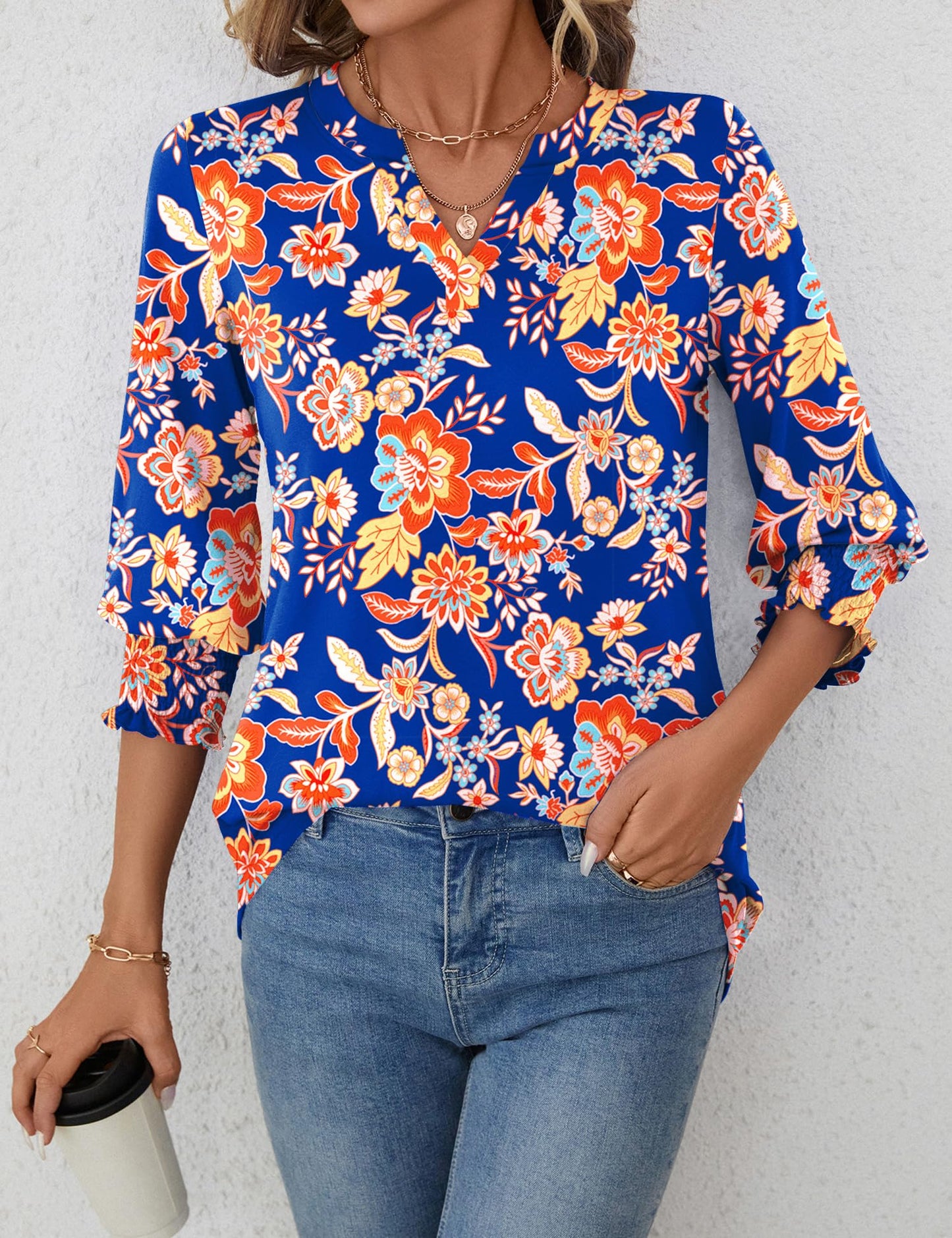 LOMON Blouses for Women Dressy Casual 3/4 Sleeve Tops for Women V Neck T Shirt Ladies Tops and Blouses Orange Blue Print L