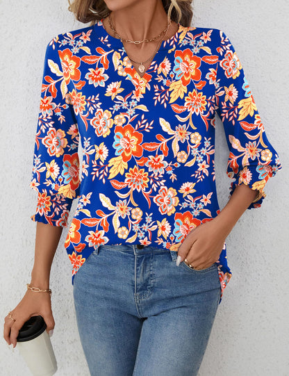 LOMON Blouses for Women Dressy Casual 3/4 Sleeve Tops for Women V Neck T Shirt Ladies Tops and Blouses Orange Blue Print L