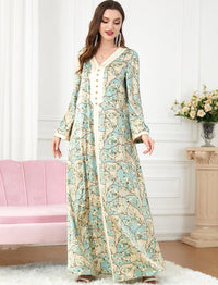 FYMNSI Abaya Dress for Women Muslim Modest Maxi Robe Floral V Neck Eid Prayer Dresses Dubai Clothing Arabian Islamic Kaftan