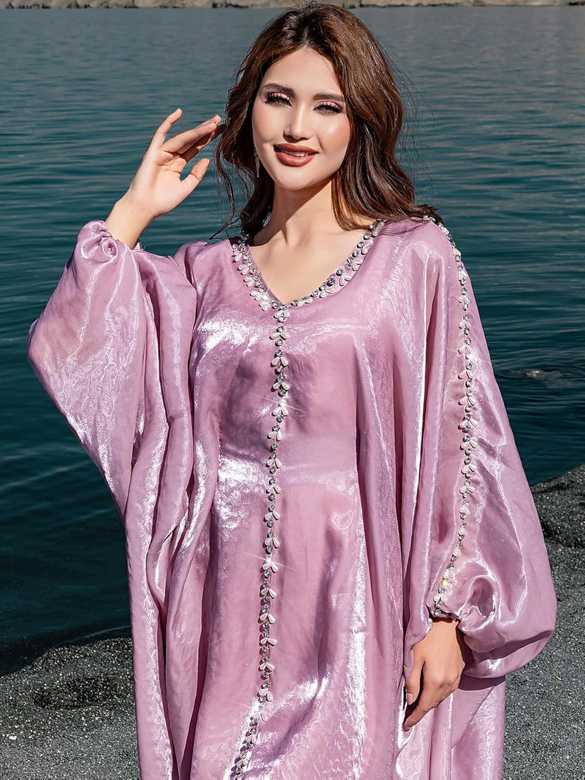 Elegant Butterfly Shine Abaya Dress, Dusty Rose, V-Neck Muslim Dress with Crystal Hand Beading, Kaftan Style, One-Size