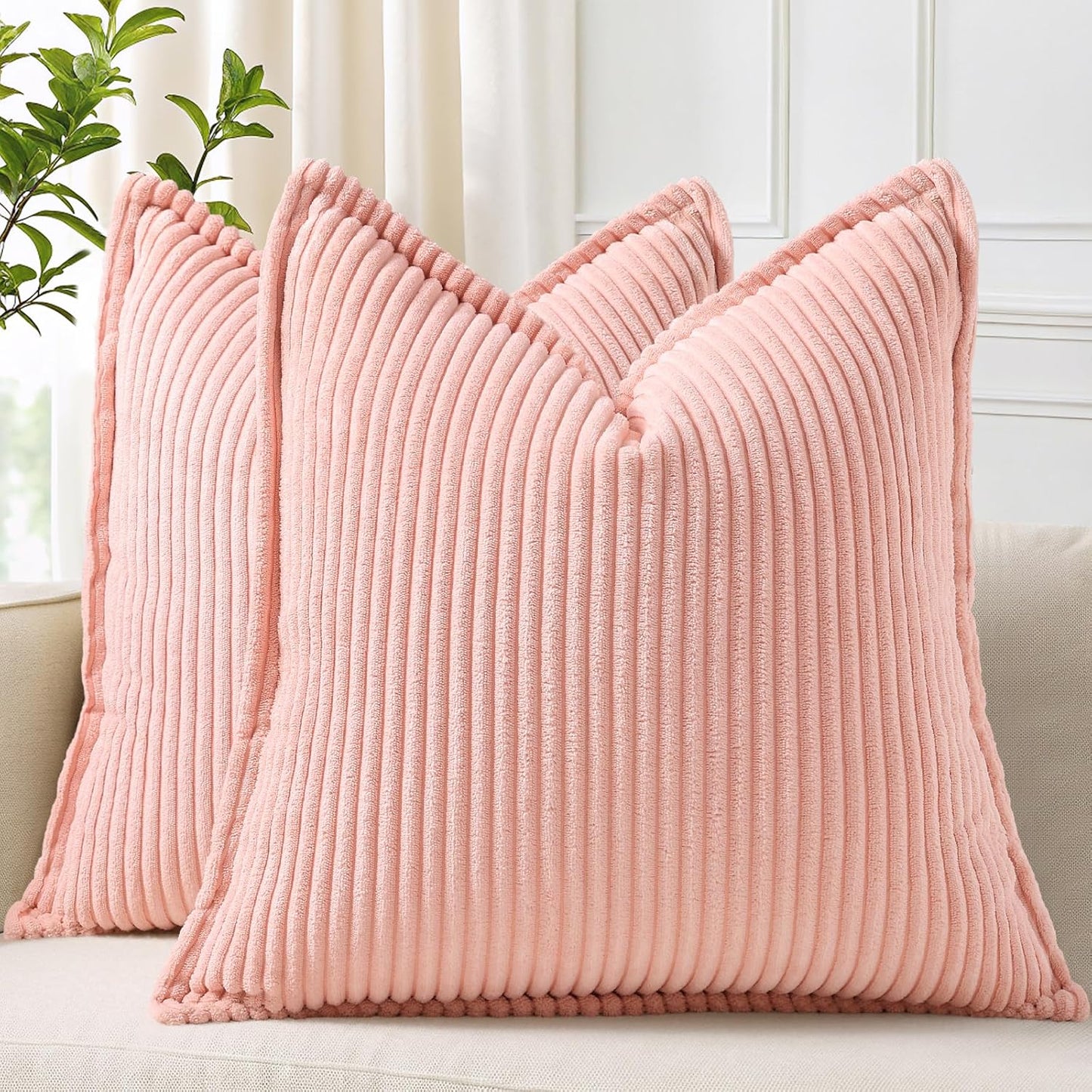 decorUhome Christmas Corduroy Cream White Throw Pillow Covers 18x18 Set of 2 Decorative Soft Boho Farmhouse Euro Couch Pillow Covers for Living Room Bed Sofa Broadside Striped Pillow Cases
