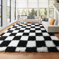 KICMOR Navy Blue and Cream White Rugs for Living Room, 4x6 Fluffy Fuzzy Shag Checkered Rug Shaggy Carpet for Bedroom, Soft Plush Area Rug for Nursery Toddler Room Classroom Study Room Kids Room