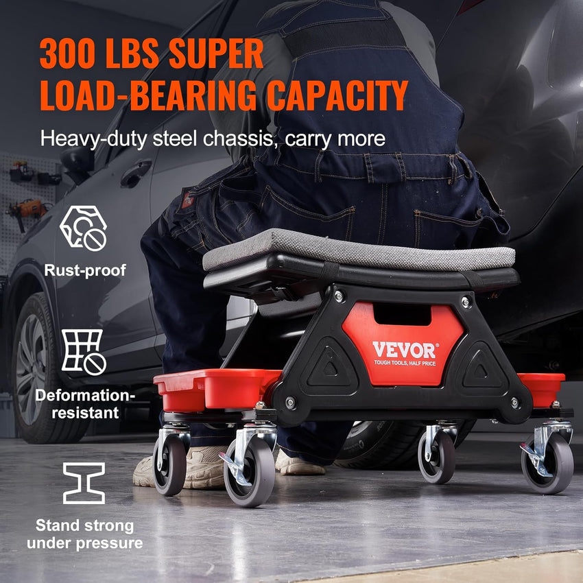 VEVOR Mechanic Stool 300 LBS Capacity Garage Stool Gift for Men, Heavy Duty Rolling Mechanics Seat, with Three Slide Out Tool Trays and Drawer, Tools for Automotive Auto Repair