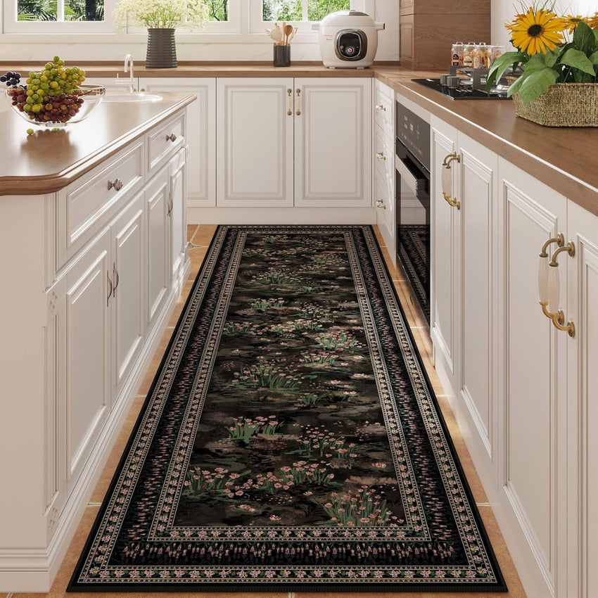 Rugcomf 4x6 Rug for Bedroom Impressionist-Style Vintage Washable Rugs Non Slip Low Pile Small Carpet for Bedside Kids Room Office Dining Room, Green