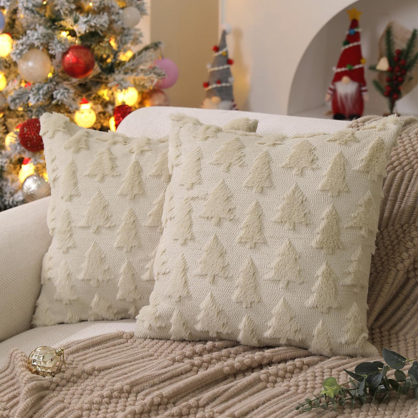 DFXSZ Christmas Tree Pillow Covers 18x18 inch Set of 2 Christmas Decoration Beige Soft Plush Faux Fur Jacquard Throw Pillows for Bedroom Sofa Holiday Festivals Winter Home Decor PTK006C18