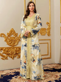 Abaya for Women Floral Embroidered Muslim Dress V-Neck Arabian Maxi Robe