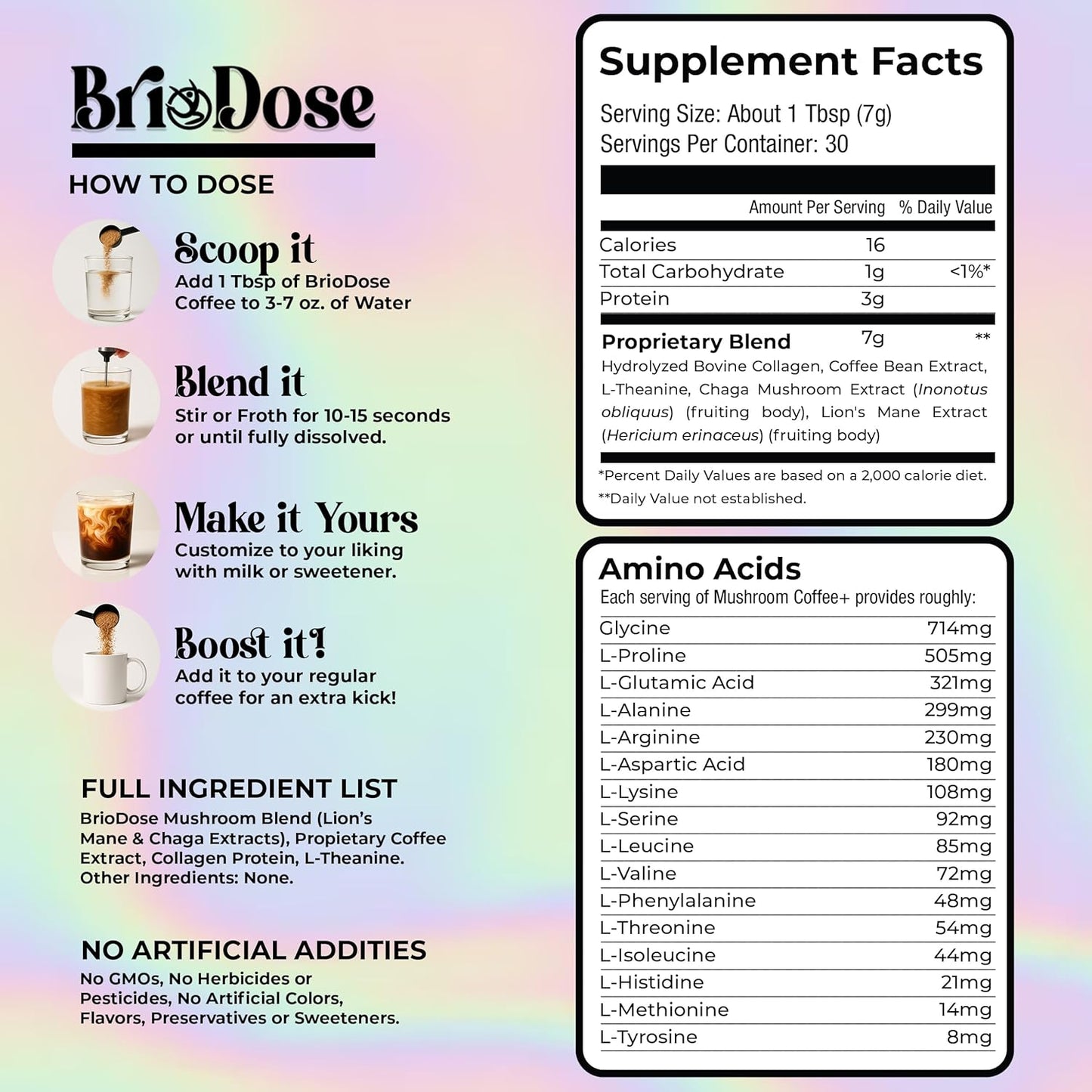Briodose Adaptogenic Mushroom Coffee with Grass-Fed Collagen, Lion’s Mane, Chaga & L-Theanine – 45mg Caffeine for Jitter-Free, Focus, Energy, Immunity & Glowing Skin/Hair – 30 Servings NSF Certified
