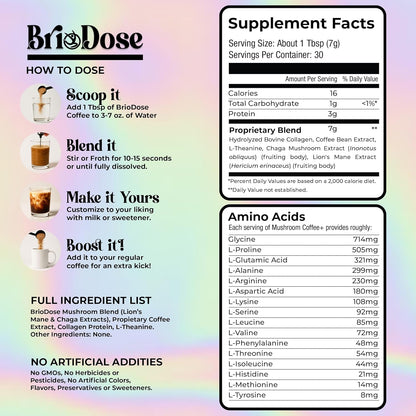Briodose Adaptogenic Mushroom Coffee with Grass-Fed Collagen, Lion’s Mane, Chaga & L-Theanine – 45mg Caffeine for Jitter-Free, Focus, Energy, Immunity & Glowing Skin/Hair – 30 Servings NSF Certified