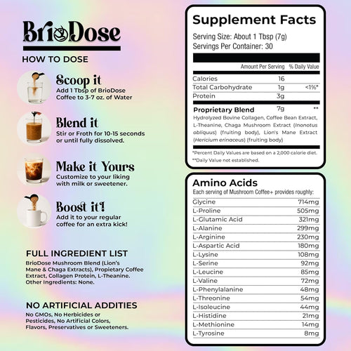 Briodose Adaptogenic Mushroom Coffee with Grass-Fed Collagen, Lion’s Mane, Chaga & L-Theanine – 45mg Caffeine for Jitter-Free, Focus, Energy, Immunity & Glowing Skin/Hair – 30 Servings NSF Certified
