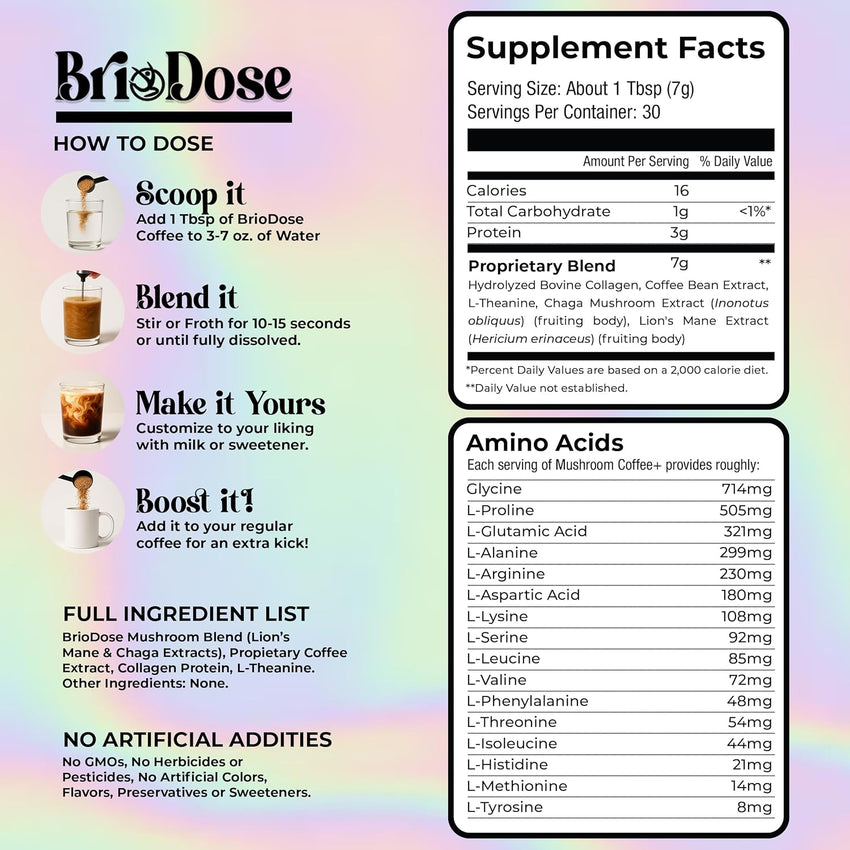 Briodose Adaptogenic Mushroom Coffee with Grass-Fed Collagen, Lion’s Mane, Chaga & L-Theanine – 45mg Caffeine for Jitter-Free, Focus, Energy, Immunity & Glowing Skin/Hair – 30 Servings NSF Certified