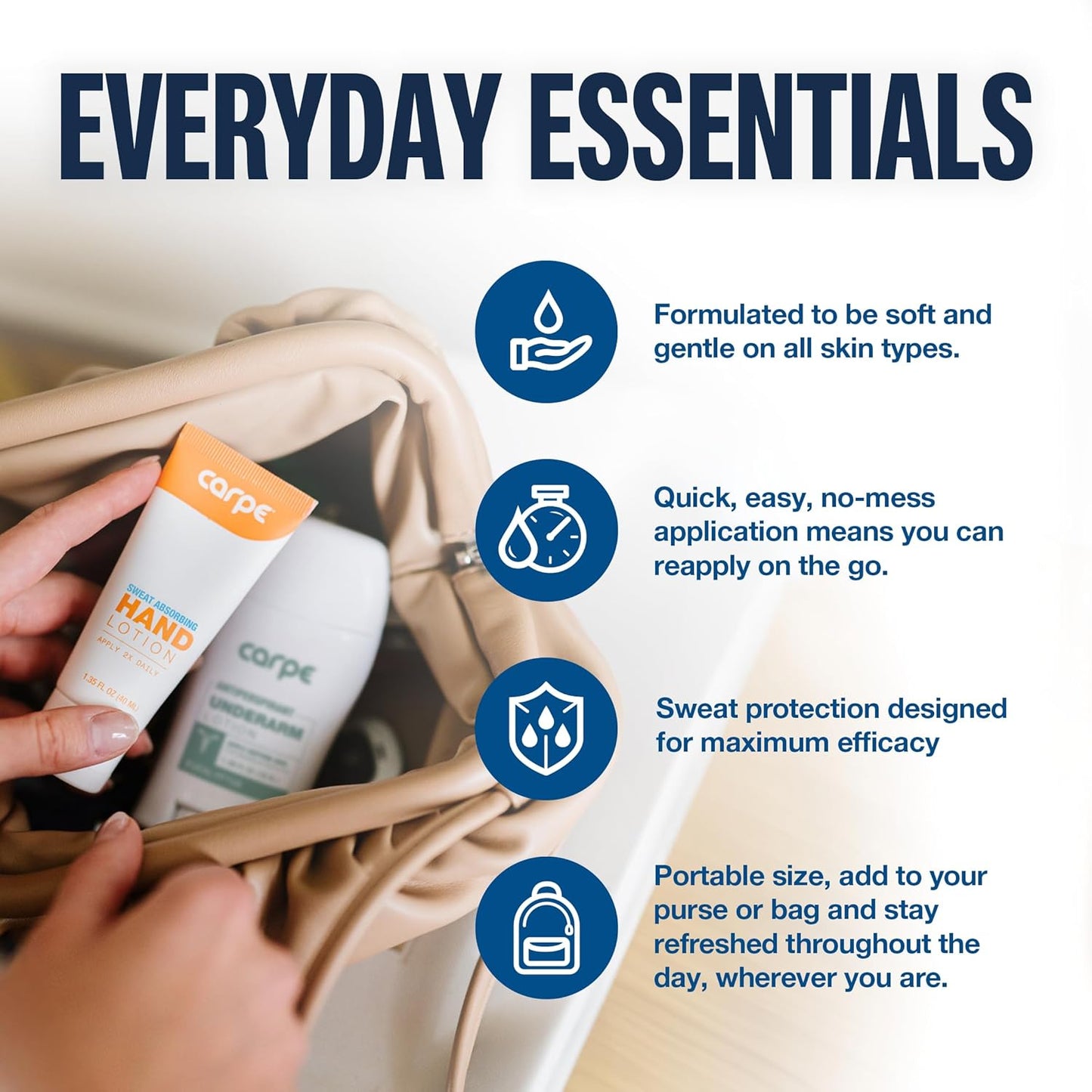 Carpe Sweat Absorbing Underarm, Hand & Foot Lotion Bundle, Head to Toe Sweat Protection for Hands, Feet, and Underarm, Dermatologist Recommended