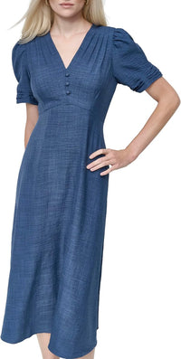 DKNY Women's Short Sleeve Button Front Fit & Flare Midi Dress