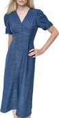 DKNY Women's Short Sleeve Button Front Fit & Flare Midi Dress