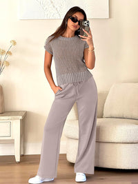 ANRABESS Women Two Piece Outfits Crochet Sheer Knit Sweater Top Wide Leg Pants Lounge Matching Sets Sweatsuit Travel Clothes