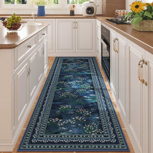 Rugcomf 2x6 Runner Rug Impressionist-Style Vintage Kitchen Rugs Non Slip Washable Soft Carpet Runner for Kitchen Laundry Bedroom Bathroom, Blue