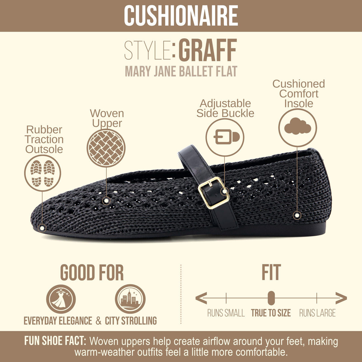 CUSHIONAIRE Graff Mary Jane Shoes for Women, Woven Ballet Flats with Adjustable Buckle Strap, Lightweight Slip On Shoes