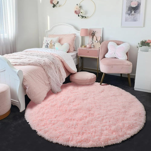 Amdrebio Light Pink Round Rug 4Ft for Girls Bedroom, Fluffy Circle Area Rugs for Kids Room Decor Aesthetic, Cute Shag Fuzzy Carpet for Nursery, Preppy Dorm, Classroom, Playroom, Teen, Baby, Washable
