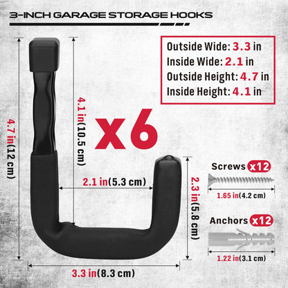 SEDY 6-Piece Heavy Duty Garage Storage Hooks, Wall Mount J Utility Hooks Holds 88 LB, Large Metal Utility, Garage Storage Ladders for Bikes, Garden Tools