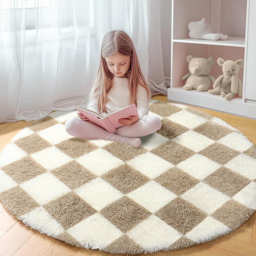 KICMOR Navy Blue and Cream White Rugs for Living Room, 4x6 Fluffy Fuzzy Shag Checkered Rug Shaggy Carpet for Bedroom, Soft Plush Area Rug for Nursery Toddler Room Classroom Study Room Kids Room
