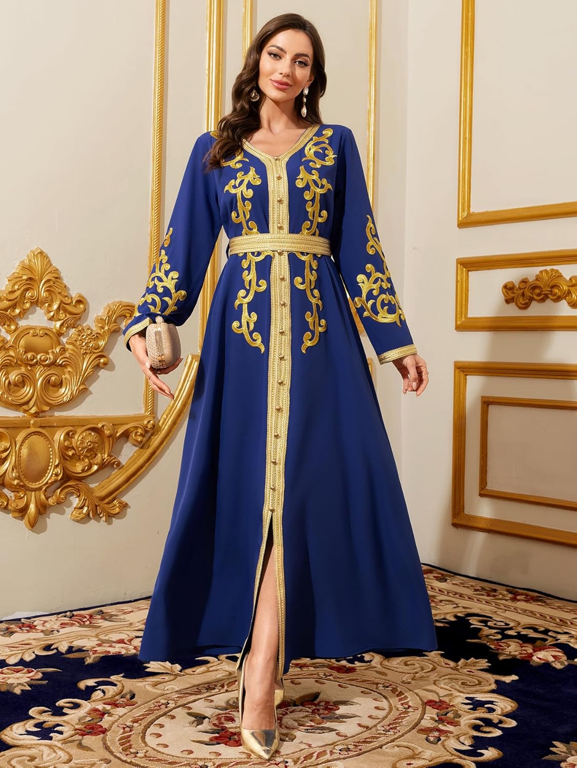 Middle Eastern Modest Maxi Dress - Muslim Moroccan Kaftan Abaya for Women Gold Embroidered Eid Dress Islamic Traditional Wear