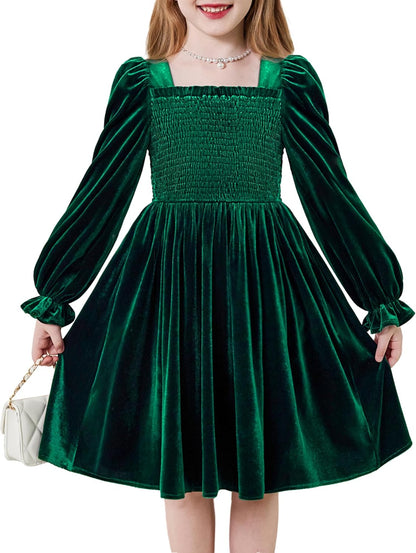 Arshiner Toddler Velvet Dress Girls Smocked Square Neck Puff Long Sleeve Party Dresses with Pockets 3-8Y