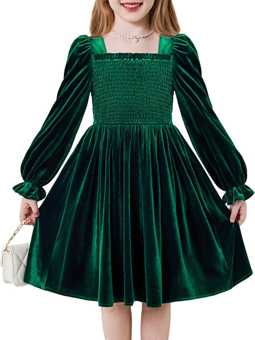 Arshiner Toddler Velvet Dress Girls Smocked Square Neck Puff Long Sleeve Party Dresses with Pockets 3-8Y