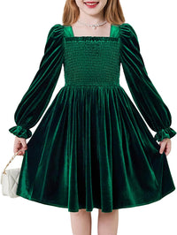 Arshiner Toddler Velvet Dress Girls Smocked Square Neck Puff Long Sleeve Party Dresses with Pockets 3-8Y