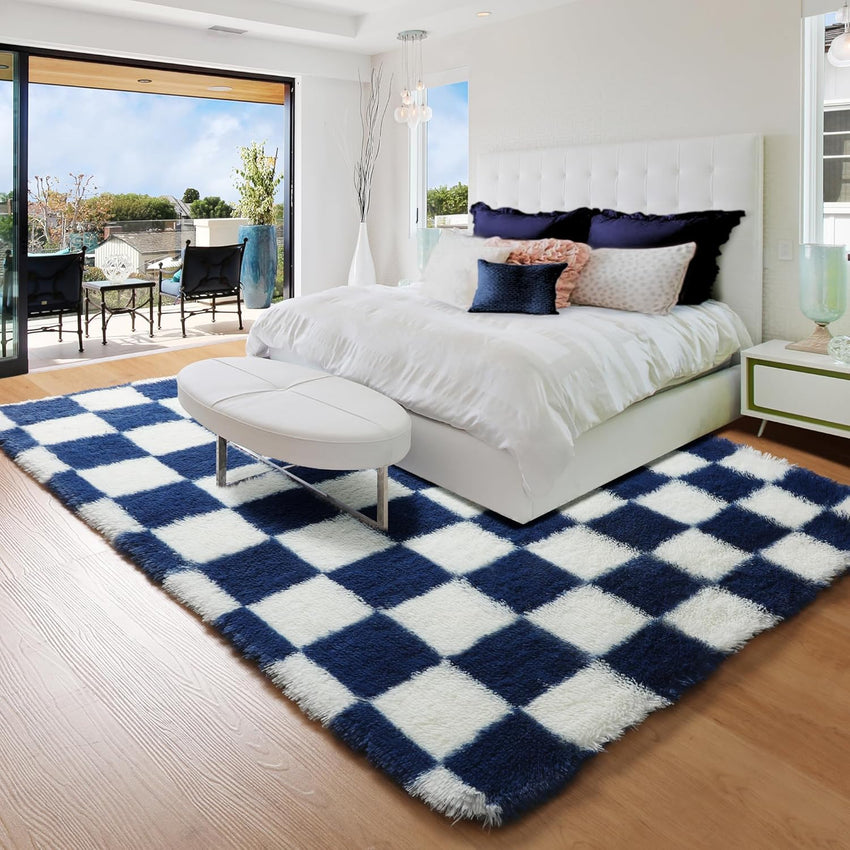 KICMOR Navy Blue and Cream White Rugs for Living Room, 4x6 Fluffy Fuzzy Shag Checkered Rug Shaggy Carpet for Bedroom, Soft Plush Area Rug for Nursery Toddler Room Classroom Study Room Kids Room
