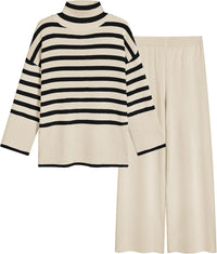 Tanming Women's Sweater Sets Long Sleeve Striped Jumper Tops Casual Knit Wide Leg Pants Sets
