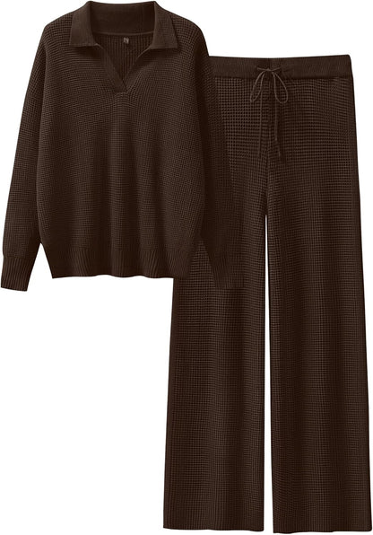 ANRABESS Women Two Piece Outfits Sweater Sets Lounge Waffle Knit Pullover Matching Wide Leg Pants Tracksuit 2025 Fall Fashion
