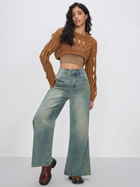 CIDER Cropped Sweaters for Women Knit Round Neckline Hollow Out Long Sleeve Crop Top Sweaters