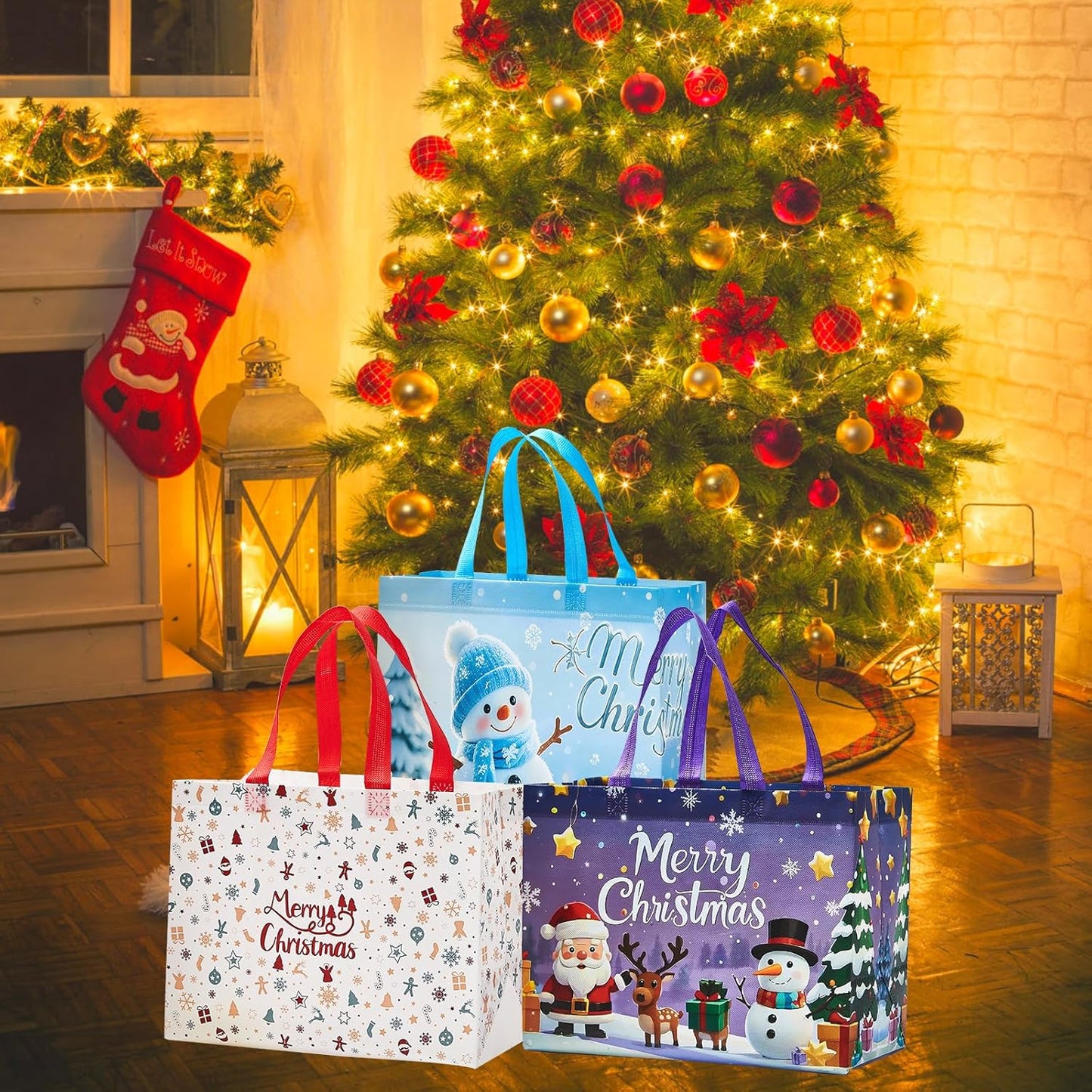 24 Pack Large Christmas Gift Bags 12.8"*6.7"*9.8", Reusable Non-Woven Jumbo Tote Bags with Handles For Christmas Surprise, Xmas Party Supplies Wrapping Shopping