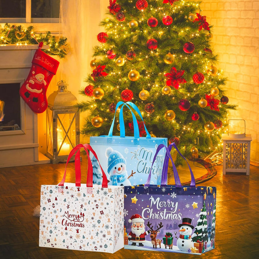 24 Pack Large Christmas Gift Bags 12.8"*6.7"*9.8", Reusable Non-Woven Jumbo Tote Bags with Handles For Christmas Surprise, Xmas Party Supplies Wrapping Shopping