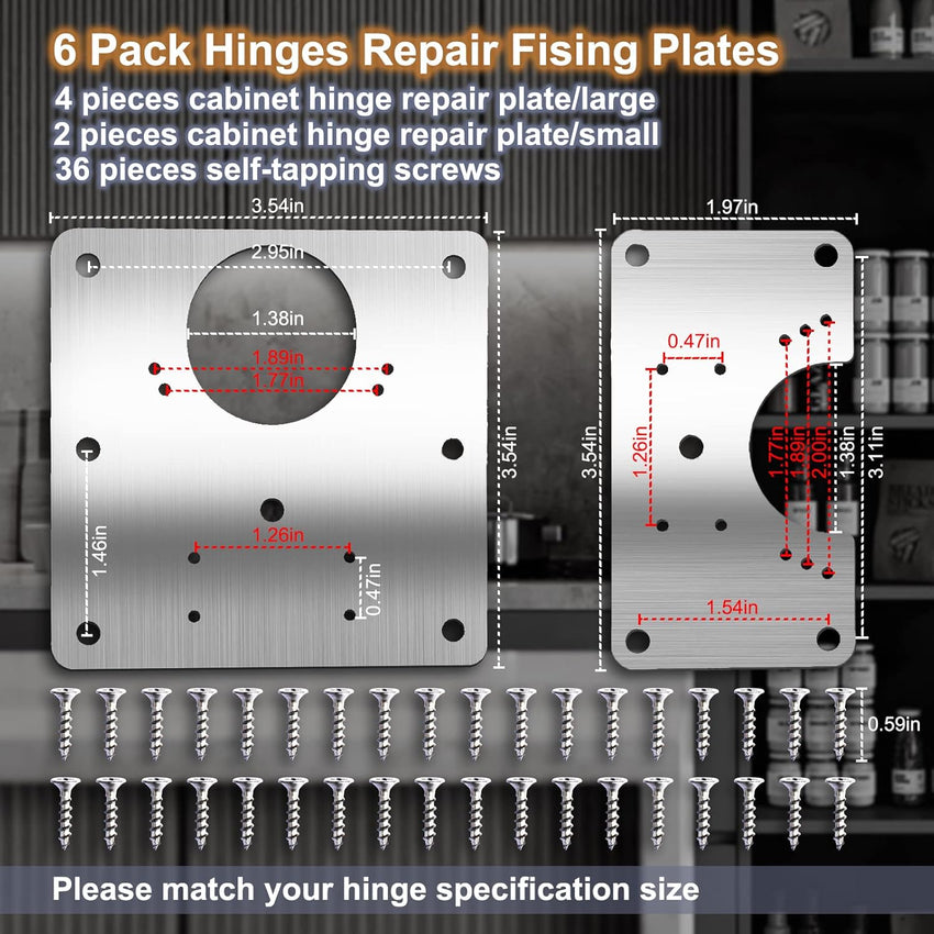 7DAY'S 6 PCS Cabinet Hinge Repair Plate, Hinges Repair Fixing Plates, Stainless Steel Cabinet Repair Board, Kitchen Cupboard Door Hinge Repair Brackets Kit, Cabinet Fixing Plate Bracket with Mounting Screw