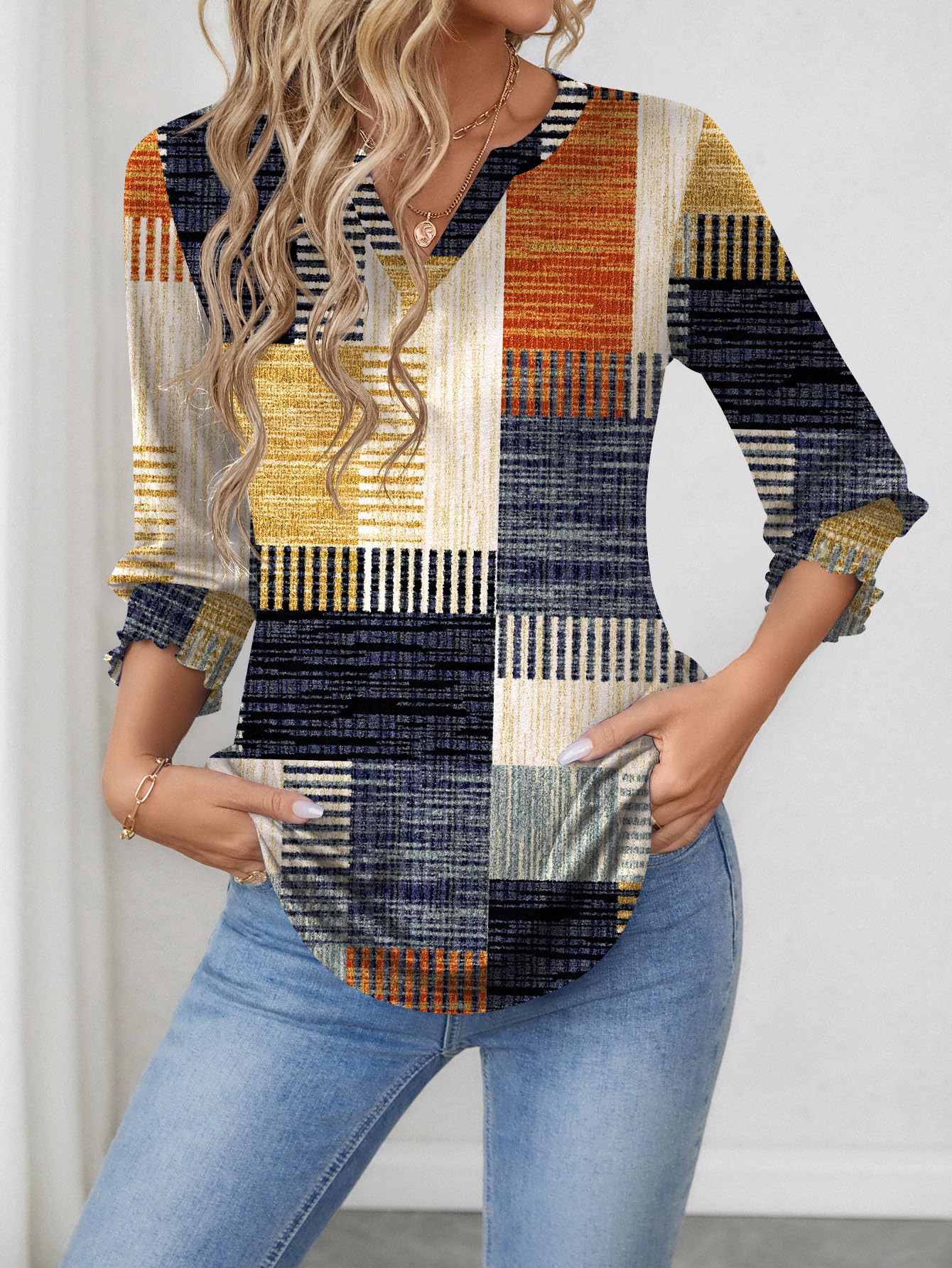 LOMON Blouses for Women Dressy Casual 3/4 Sleeve Tops for Women V Neck T Shirt Ladies Tops and Blouses Orange Blue Print L
