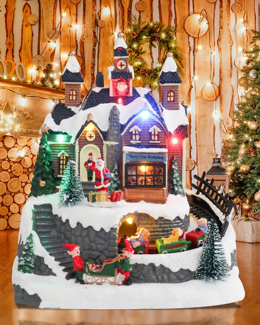 Bdor Christmas Village Lighted Decoration Musical Animated Display Christmas Collectible Santa Battery Operated Resin Indoor Decor
