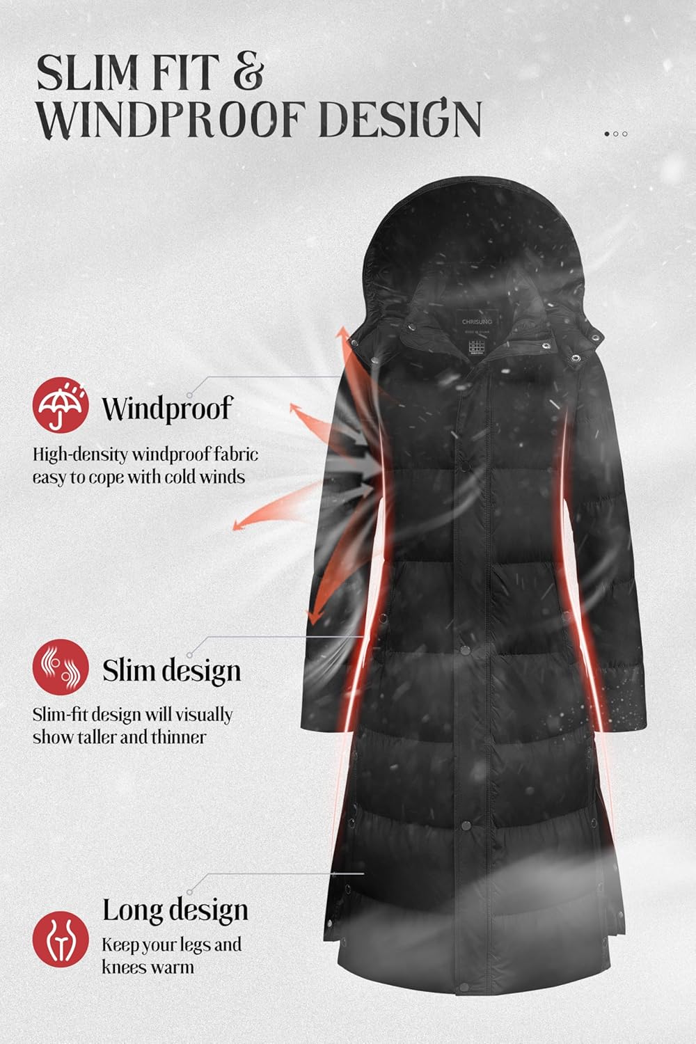 Chrisuno Women's Long Winter Coat Warm Windproof Quilted Puffer Jacket Thicken Puffy Parka With Hood