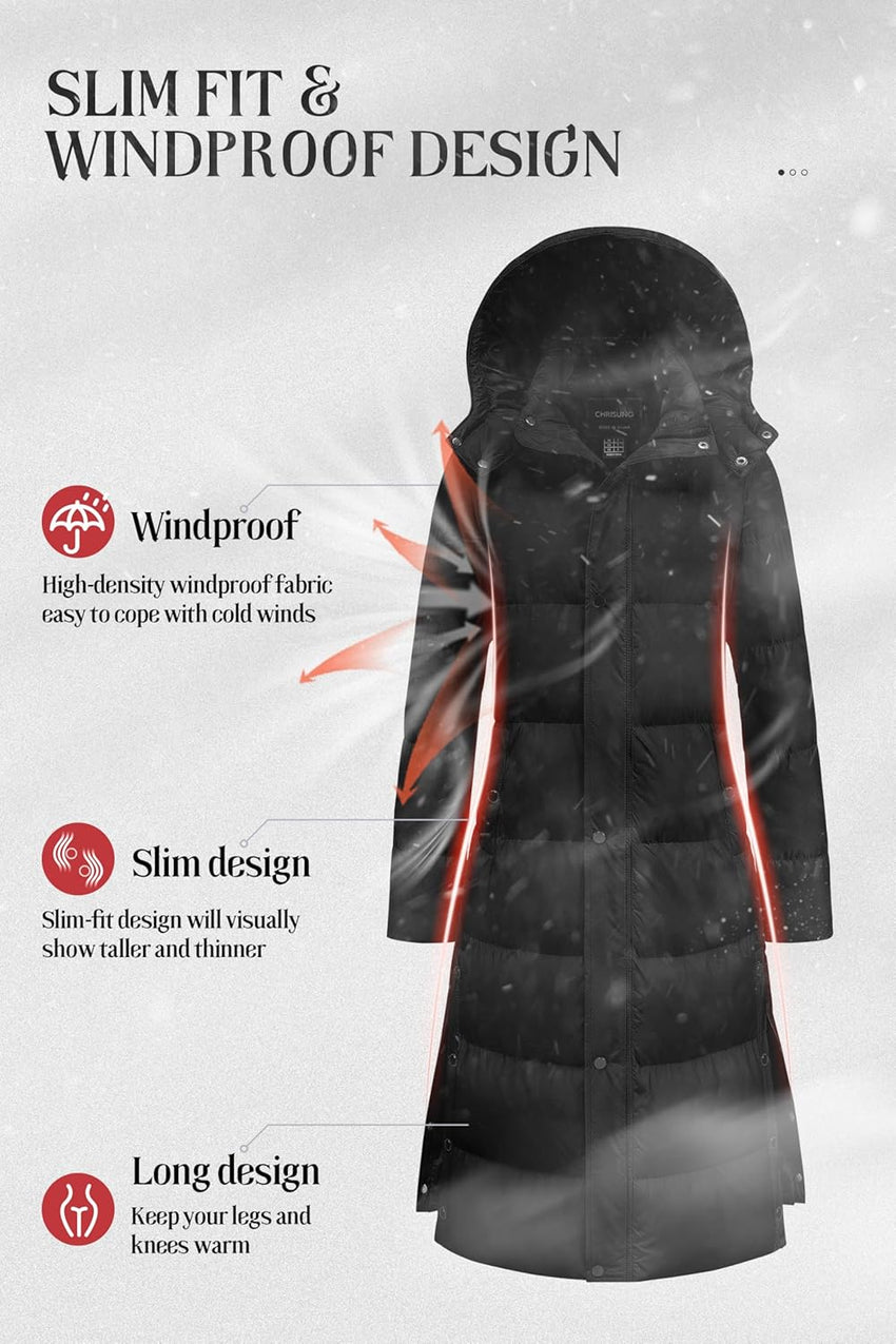 Chrisuno Women's Long Winter Coat Warm Windproof Quilted Puffer Jacket Thicken Puffy Parka With Hood