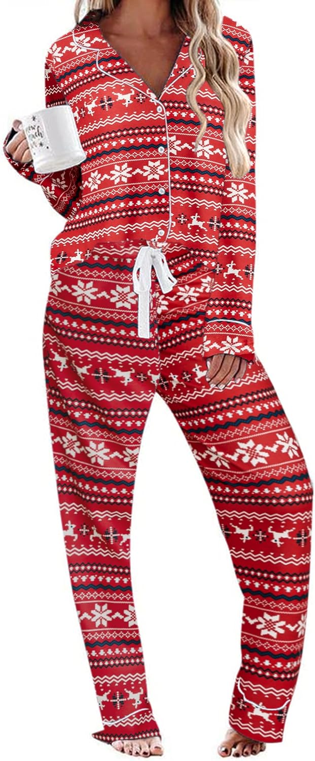 Ekouaer Women's Pajamas Long Sleeve Sleepwear Casual Button Down Loungewear Soft Pjs Set S-XXL