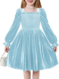 Arshiner Toddler Velvet Dress Girls Smocked Square Neck Puff Long Sleeve Party Dresses with Pockets 3-8Y
