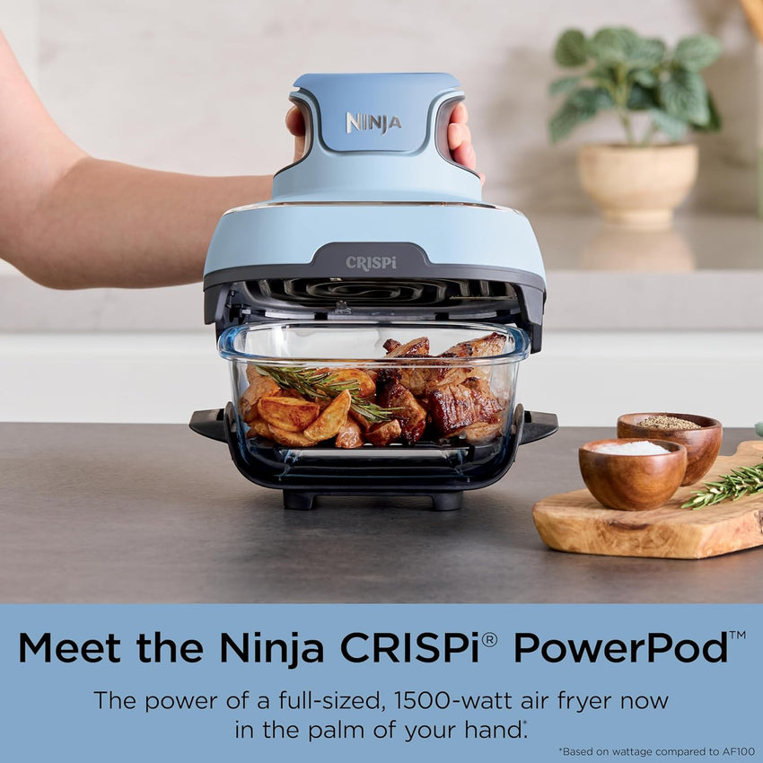 Ninja Crispi 4-in-1 Portable Glass Air Fryer Cooking System, 4QT & 6Cup Glass Containers with Storage Lids, Easy Meals, Microwave, Freezer & Dishwasher Safe, Air Fry, Bake, & More, Periwinkle, FN101PL