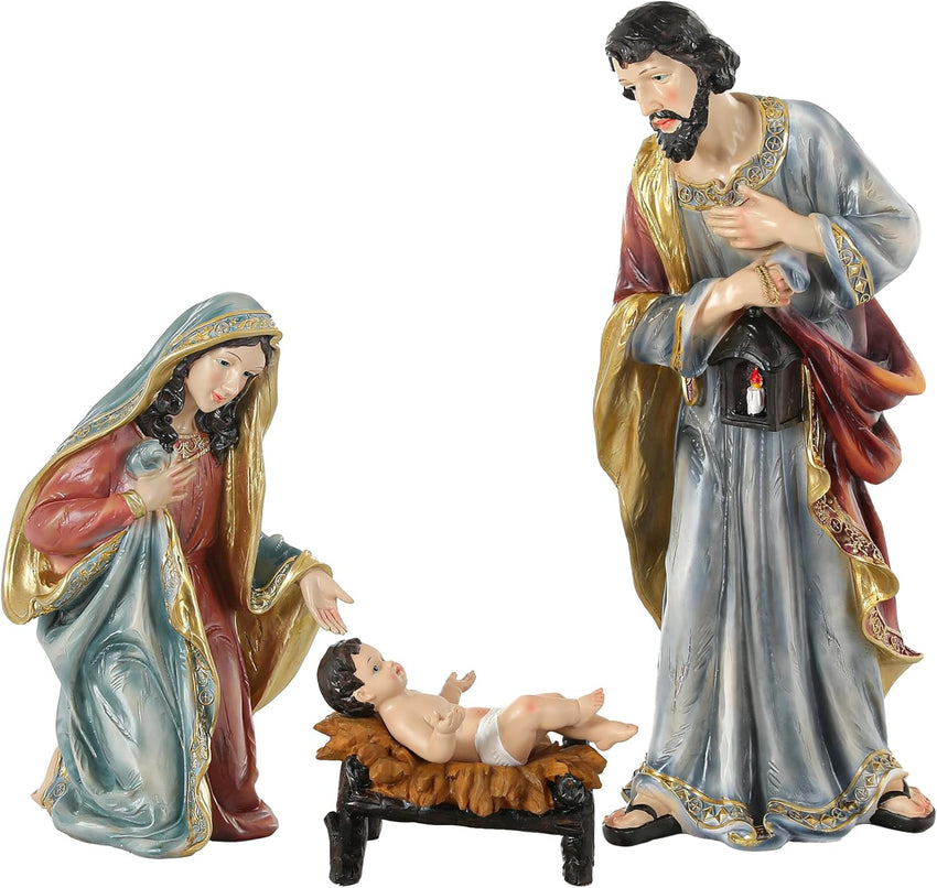 Nativity Scene Set with LED Lights,15.3" Resin Holy Family Character Stables Sculpture Manger Figurine for Indoor Tabletop Fireplace Christmas Decorations
