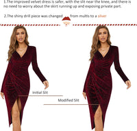 V Neck Long Sleeve Velvet Bodycon Midi Dress Glitter Ruched Formal Cocktail Party Dresses