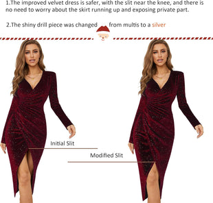 V Neck Long Sleeve Velvet Bodycon Midi Dress Glitter Ruched Formal Cocktail Party Dresses