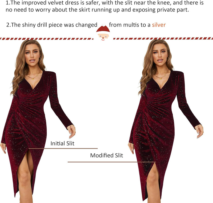 V Neck Long Sleeve Velvet Bodycon Midi Dress Glitter Ruched Formal Cocktail Party Dresses