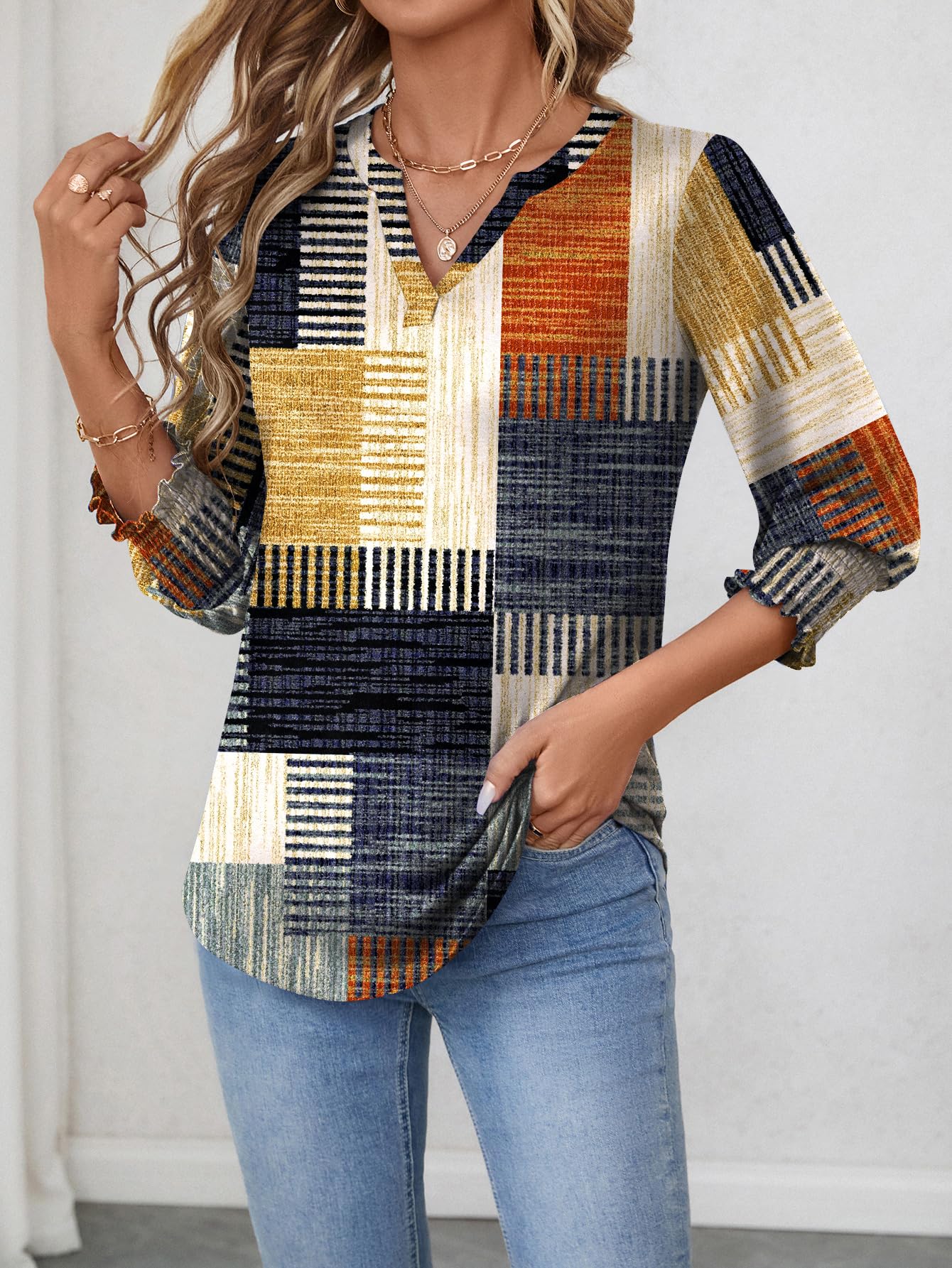 LOMON Blouses for Women Dressy Casual 3/4 Sleeve Tops for Women V Neck T Shirt Ladies Tops and Blouses Orange Blue Print L