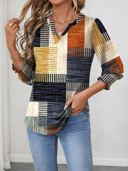 LOMON Blouses for Women Dressy Casual 3/4 Sleeve Tops for Women V Neck T Shirt Ladies Tops and Blouses Orange Blue Print L