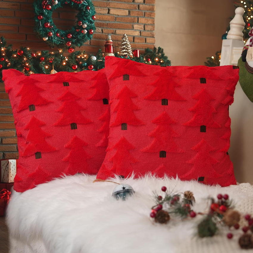 GEEORY Christmas Pillow Covers 18x18 Inch Set of 2, Christmas Decorations Xmas Tree Soft Plush Fluffy Faux Fur Decorative Throw Pillows Rustic Winter Decor Cushion Case Beige Brown GC034-18