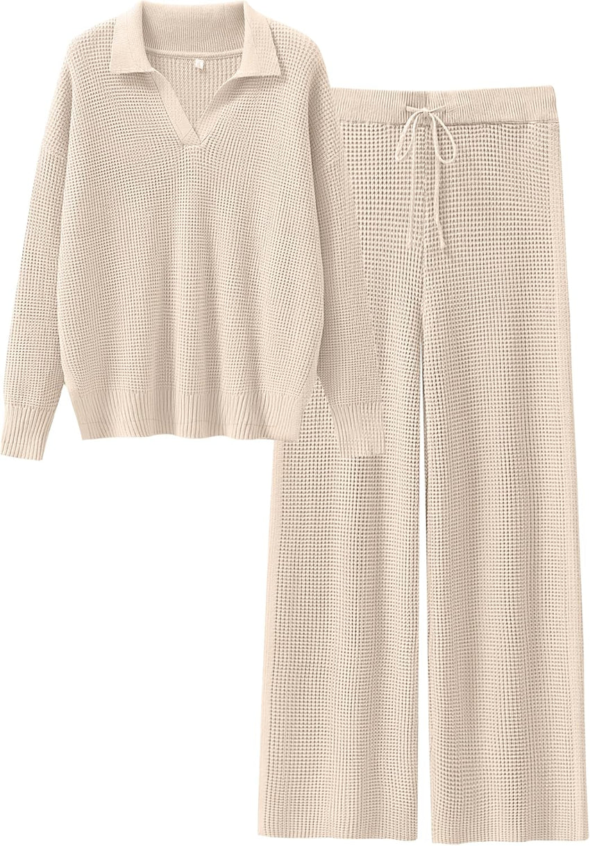 ANRABESS Women Two Piece Outfits Sweater Sets Lounge Waffle Knit Pullover Matching Wide Leg Pants Tracksuit 2025 Fall Fashion