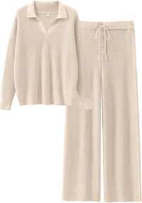 ANRABESS Women Two Piece Outfits Sweater Sets Lounge Waffle Knit Pullover Matching Wide Leg Pants Tracksuit 2025 Fall Fashion